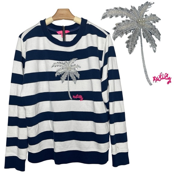 Lilly Pulitzer | Navy White Stripe Ballad Sweatshirt Sequined Palm Tree Beachy - Picture 1 of 7